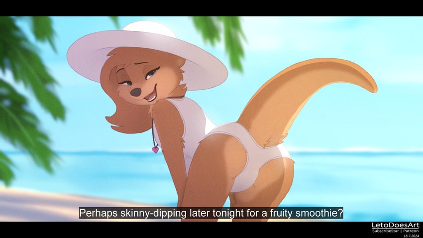 anthro beach bedroom_eyes bent_over biped black_bars black_nose blue_eyes blurred_background brown_body brown_fur butt clothed clothing day detailed_background dialogue female fur hair hat headgear headwear jewelry looking_at_viewer looking_back looking_back_at_viewer narrowed_eyes necklace one-piece_swimsuit open_mouth open_smile outside plant presenting presenting_hindquarters raised_tail rear_view sea seductive smile solo sun_hat swimwear tail tailbutt talking_to_viewer text tree water letodoesart nira_(letodoesart) mammal mustelid otter 16:9 2024 artist_name digital_media_(artwork) english_text hi_res letterbox subtitled widescreen