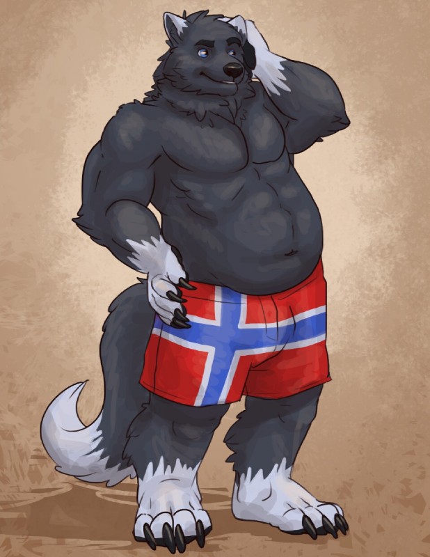 anthro belly bottomwear claws clothing flag flag_clothing flag_print flag_underwear male muscular muscular_anthro norway norwegian_flag overweight overweight_anthro patriotic_clothing patriotism paws politics print_clothing print_underwear shorts slightly_chubby solo underwear thestory bear canid canine canis hybrid mammal wolf digital_media_(artwork) hi_res