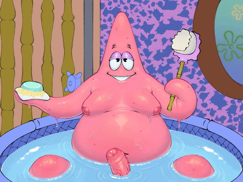 anthro bath bathing bathtub bedroom_eyes biped bodily_fluids bubble detailed_background dripping erection eyebrows flower flower_cloud_(spongebob) foreskin genital_fluids genitals glans glistening glistening_body glistening_genitalia glistening_penis looking_at_viewer male moobs narrowed_eyes navel nipples non-mammal_foreskin non-mammal_navel nude overweight overweight_anthro overweight_male partially_retracted_foreskin partially_submerged penis pink_body pink_glans plant precum seductive sitting smile soap solo squidward's_house toony vein veiny_penis water wet wet_body window dreamscreep nickelodeon spongebob_squarepants patrick_star asterozoan echinoderm marine starfish hi_res shaded soft_shading