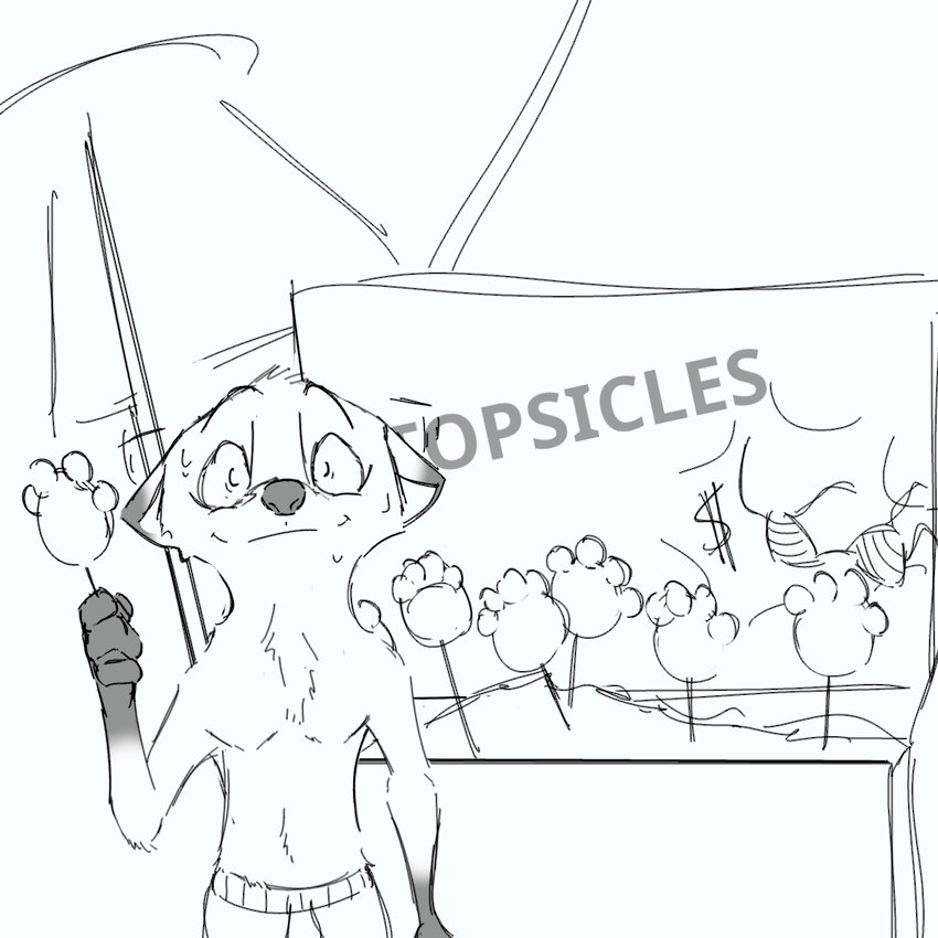 anthro bodily_fluids clothed clothing currency_symbol dollar_sign food gloves_(marking) holding_food holding_object male markings pawpsicle popsicle shaking simple_background solo sweat sweatdrop swimming_trunks swimwear symbol text topless topless_male umbrella wide_eyed thermite disney zootopia nick_wilde canid canine fox mammal red_fox true_fox 1:1 2023 digital_drawing_(artwork) digital_media_(artwork) english_text monochrome