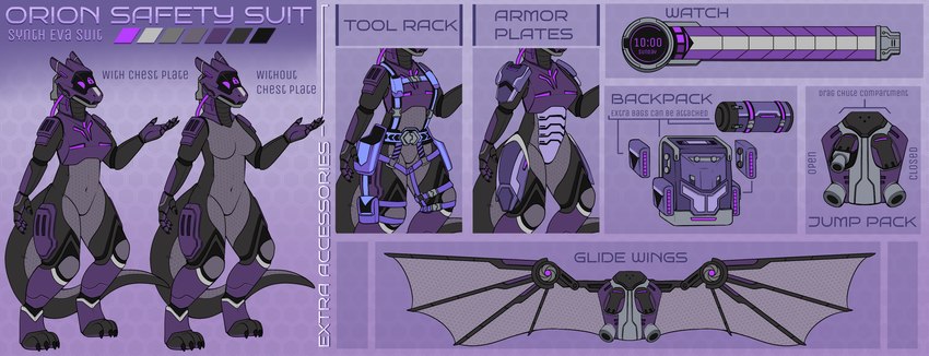 accessory anthro armor backpack breastplate breasts clock color_swatch drone featureless_breasts featureless_crotch female harness jet_pack markings off/on purple_background purple_markings simple_background solo text textured_background tube watch wings m0olky mythology orion_industries orionsynth dragon mythological_creature mythological_scalie scalie synth_(vader-san) absurd_res english_text hi_res model_sheet