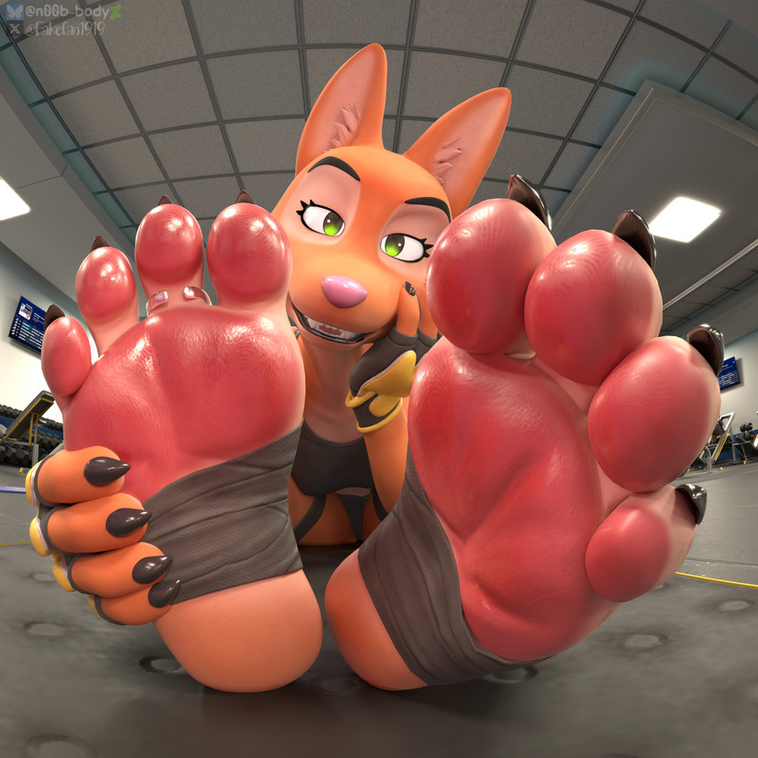 4_toes anthro athletic_wear bands barefoot black_nails bottomwear claws clothing colored_nails detailed_background digit_ring door ears_up feet female finger_claws floor foot_fetish foot_focus footwear fur glistening glistening_feet green_eyes gym gym_bottomwear gym_mat gym_topwear hindpaw humanoid_feet jewelry looking_at_viewer mat nails orange_body orange_fur pawpads paws plantigrade ring smug smug_face smug_grin soles solo spread_toes stirrup_footwear toe_claws toe_ring toeless_footwear toes topwear wrinkled_feet wrinkles n00b-body kaylafox_(modeler) dreamworks the_bad_guys diane_foxington canid canine fox mammal 1:1 2026 3d_(artwork) absurd_res blender_(artwork) blender_cycles_(artwork) digital_media_(artwork) hi_res