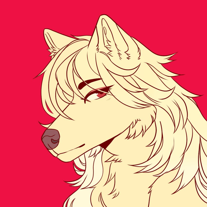 anthro blonde_hair eyebrow_through_hair eyebrows female fluffy fur hair long_hair looking_at_viewer red_background red_eyes simple_background solo translucent translucent_hair yellow_body yellow_fur runelocks canid canine canis mammal wolf 1:1 bust_portrait portrait