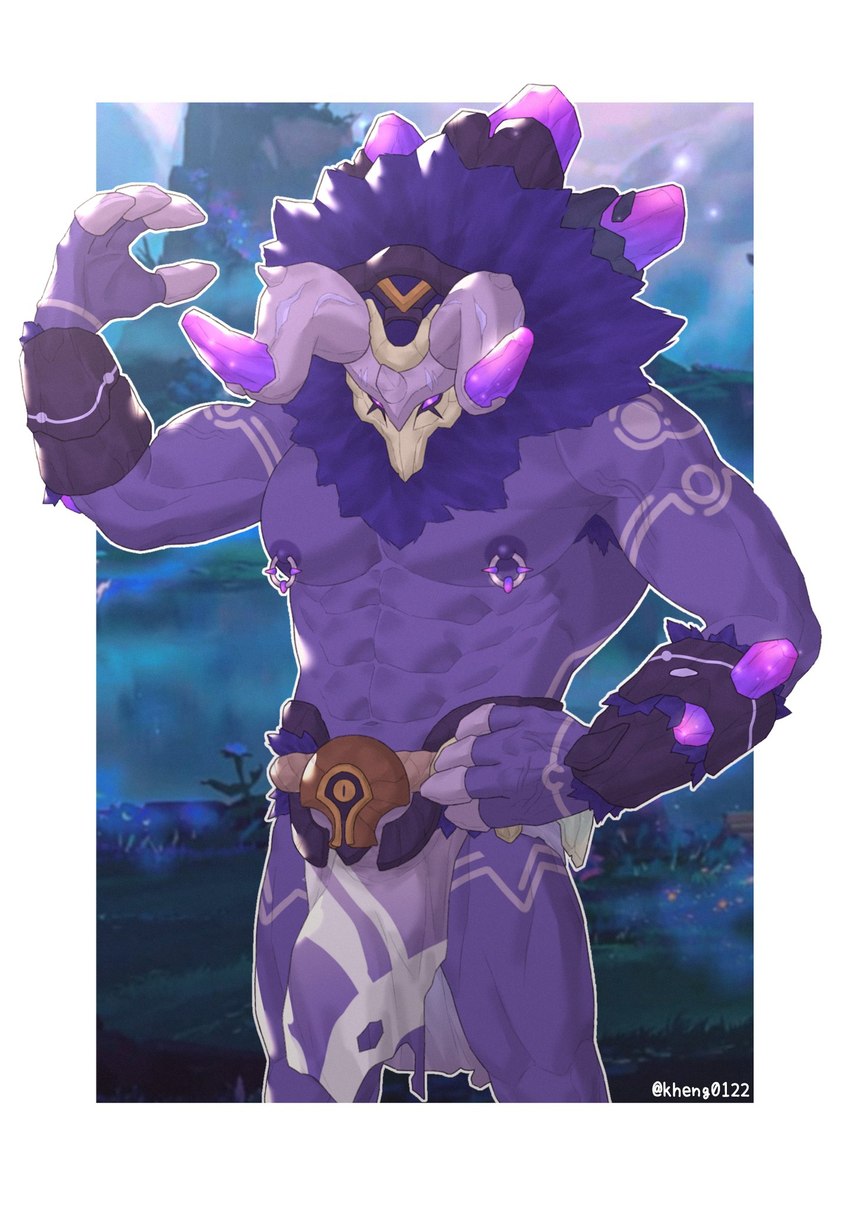 abs armpit_hair belt body_hair bottomwear bulge claws clothed clothing detailed_bulge erection erection_under_clothing flower genital_outline grass horn loincloth male mane muscular muscular_male nipple_piercing nipples partially_clothed pecs penis_outline piercing plant purple_body purple_eyes purple_mane solo kheng genshin_impact mihoyo hilichurl humanoid lawachurl thunderhelm_lawachurl hi_res