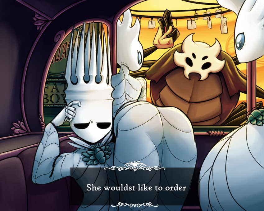 5_fingers black_eyes blue_eyes butt cart clothed clothing crown family female fingers group headgear horn king male paper plant princess queen royalty sitting text tree trio white_clothing white_text latiar he_wants_to_order hollow_knight team_cherry pale_daughter pale_king_(hollow_knight) white_lady_(hollow_knight) arthropod elemental_creature flora_fauna treant 2023 5:4 digital_media_(artwork) meme daughter_(lore) father_(lore) mother_(lore) parent_(lore)