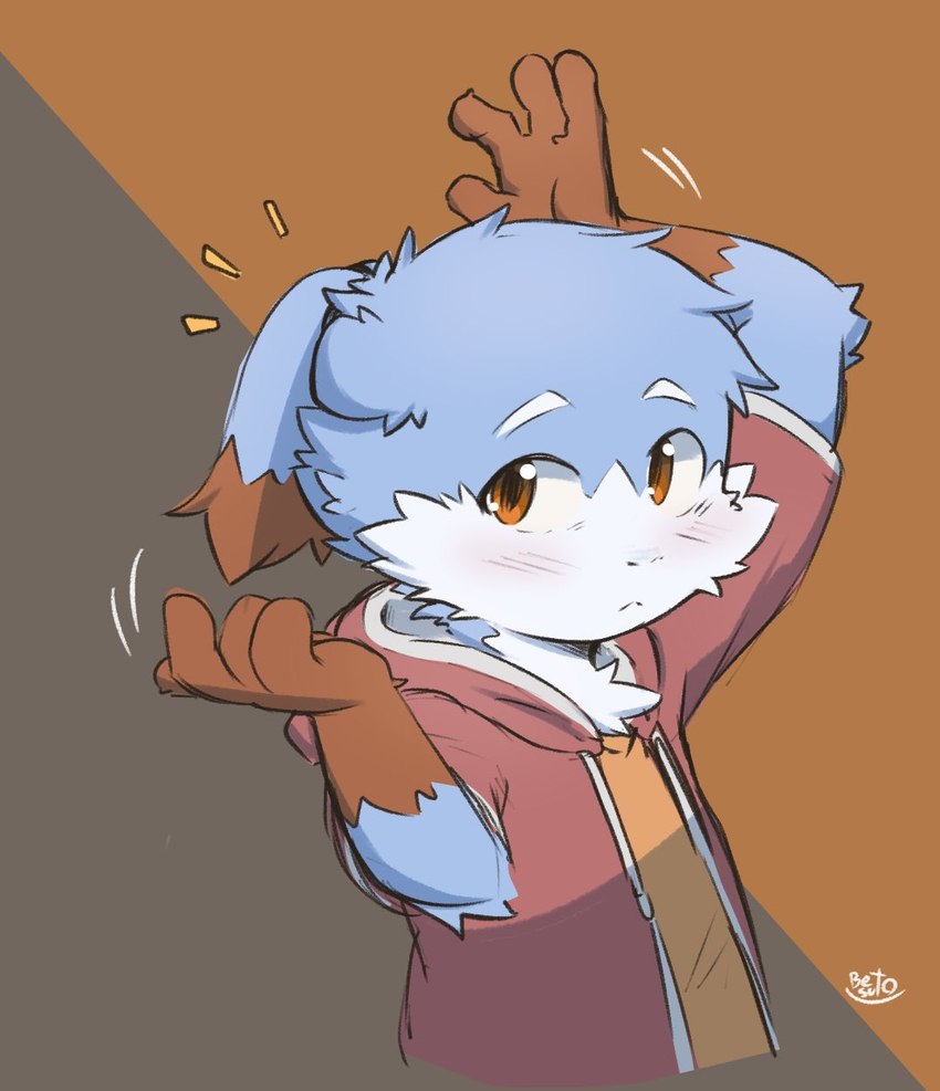 anthro blue_body blue_face blue_fur blush blush_lines brown_arms brown_eyes cheek_tuft chest_tuft clothing dipstick_ears ear_markings ears_as_hair emanata eyebrows facial_tuft fur glistening glistening_eyes gloves_(marking) hair hoodie kemono male markings multicolored_ears orange_clothing orange_shirt orange_topwear red_clothing red_hoodie red_topwear shirt solo tied_hair topwear tuft two_tone_face white_body white_eyebrows white_face white_fur betsuto usaru_(betsuto) lagomorph leporid mammal rabbit 2022 hi_res