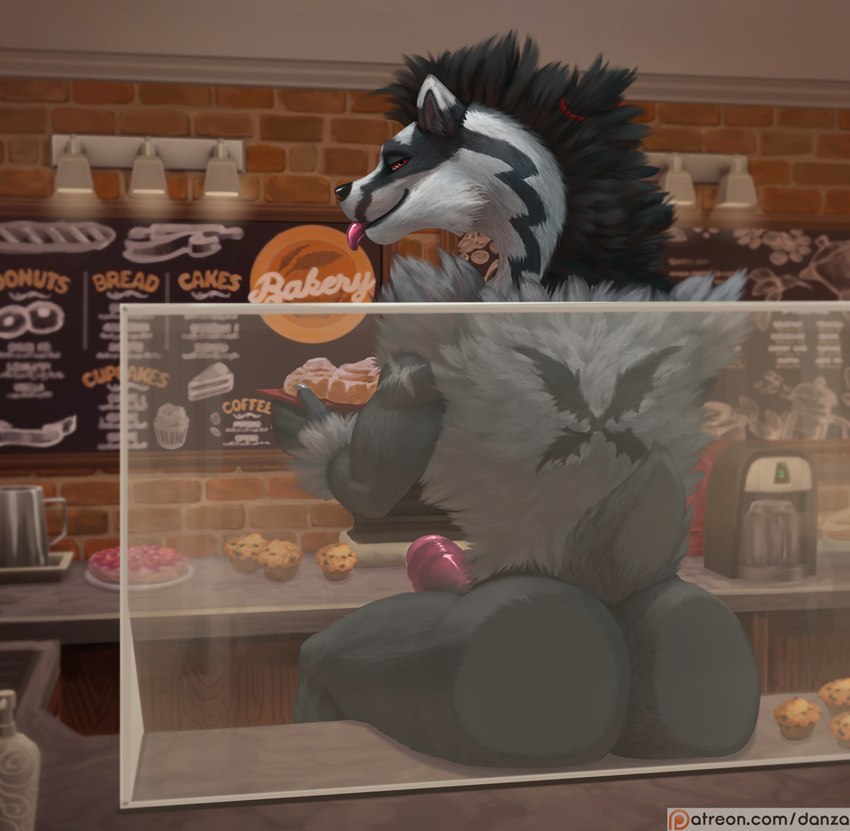 acrylic_(material) against_surface anthro ass_on_glass bakery behind_glass big_butt butt cinnamon_bun claws cupcake erection finger_claws fluffy food fur genitals glass grey_body grey_fur humanoid_genitalia humanoid_penis inside looking_at_viewer looking_back looking_back_at_viewer male on_glass on_surface partially_behind_glass pastry patreon_logo penis plexiglass rear_view red_eyes scut_tail short_tail solo tail text thick_penis tongue tongue_out conditional_dnp danza nintendo patreon pokemon rel_(relightcharge) generation_8_pokemon obstagoon pokemon_(species) english_text hi_res shaded url