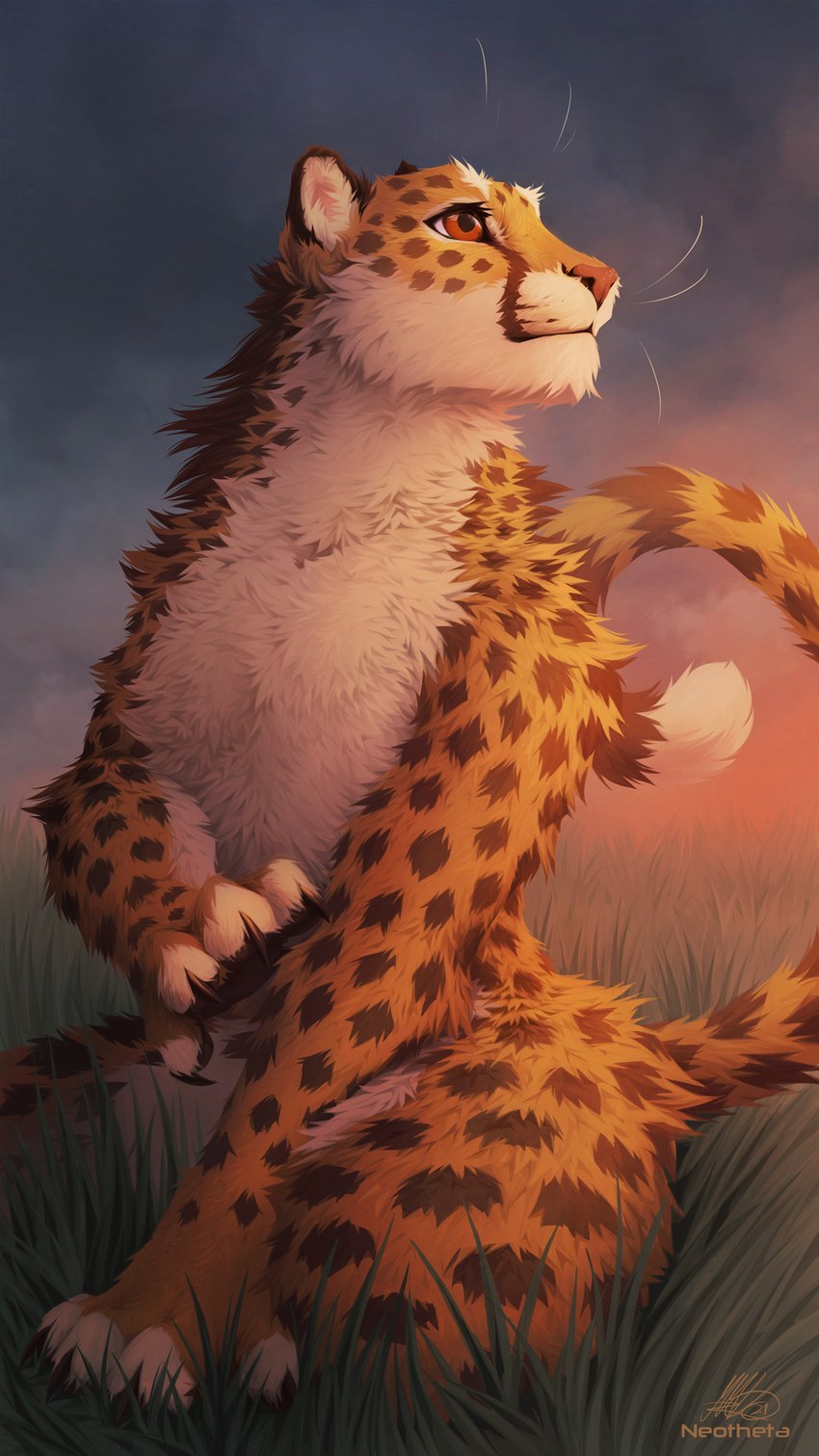 ambiguous_gender brown_spots day detailed_background feral fur markings orange_body orange_fur outside sky solo spots spotted_body spotted_fur white_body white_fur neotheta kesh_(pojodan) cheetah felid feline mammal 2021 9:16 digital_media_(artwork) hi_res