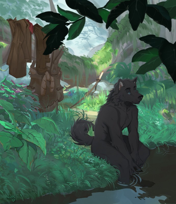 anthro biped black_body black_fur blue_eyes day detailed_background forest fur katana leaf male melee_weapon nude outside partially_submerged plant simple_background sitting solo sword tree water weapon treats_(artist) mythology tanro canid canine canis mammal mythological_canine mythological_creature werecanid werecanine werecreature werewolf wolf 2017 digital_media_(artwork) hi_res