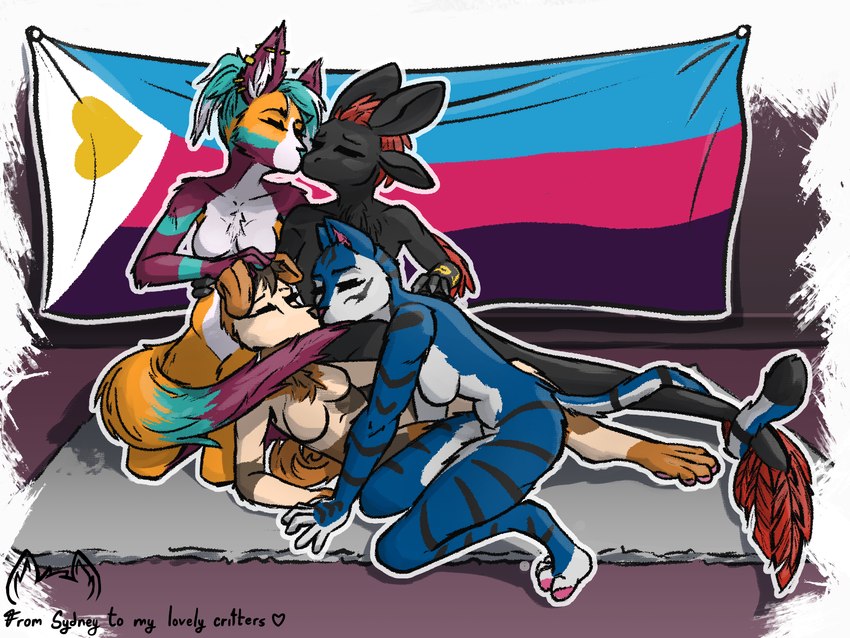 2022_polyamory_pride_colors anthro ear_piercing ear_ring entangled eyes_closed female female/female flag_on_wall grabbing_waist group headpat industrial_piercing kiss_on_lips kissing kneeling lgbt_pride lying_on_ground male male/female on_ground piercing polyamorous polyamory polyamory_pride_colors pride_color_flag pride_colors ring_piercing subculture_pride_colors text critters_collective sydney_onmars lexi_(drawlexia) sydney_(sydney_onmars) tibaes zoe_(zoemezune) avali canid canine domestic_cat felid feline felis fox hybrid mammal hi_res