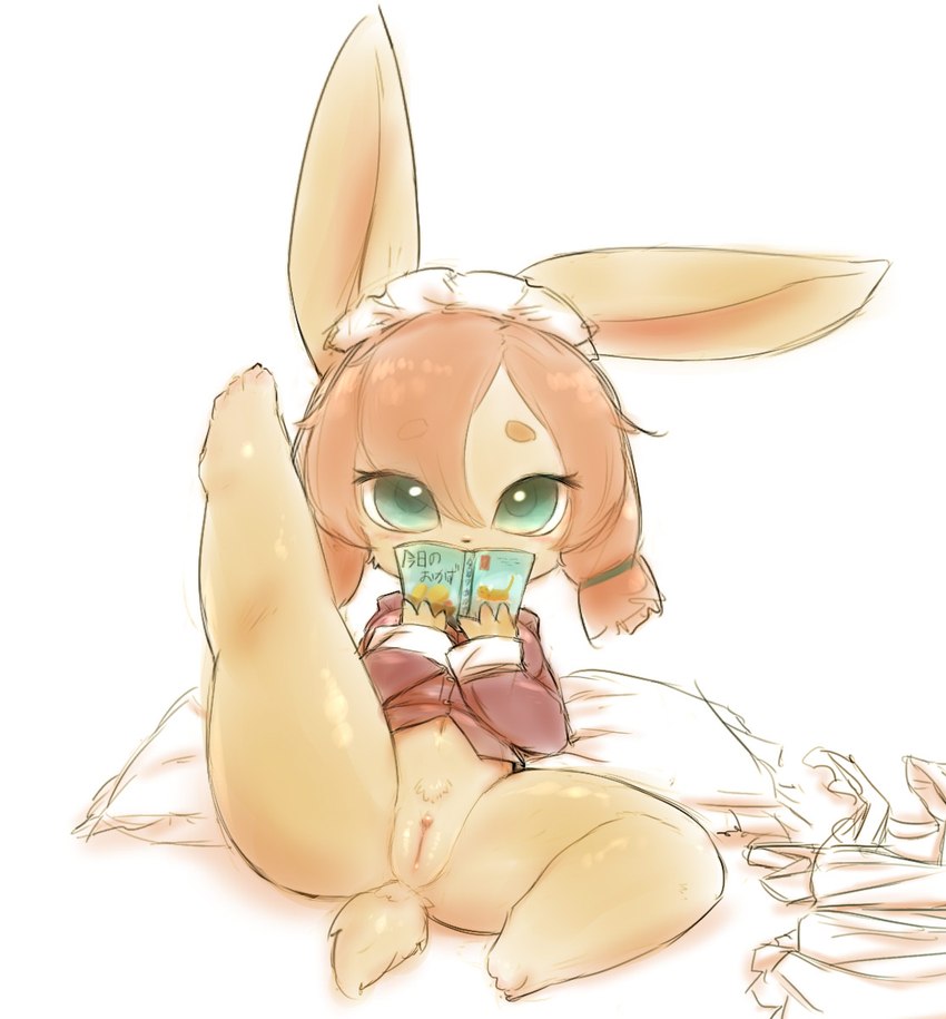 anthro book brown_hair butt clitoral_hood clothed clothing cushion discarded_clothing exposed_butt female fur genitals green_eyes hair holding_book holding_object kemono looking_at_viewer maid_headdress maid_uniform no_underwear pubes pussy scut_tail short_stack short_tail solo spread_legs spreading tail tan_body tan_fur text thick_thighs uniform riiikuta futaba_channel nijiura_maids sousai-san lagomorph leporid mammal rabbit 2017 hi_res japanese_text