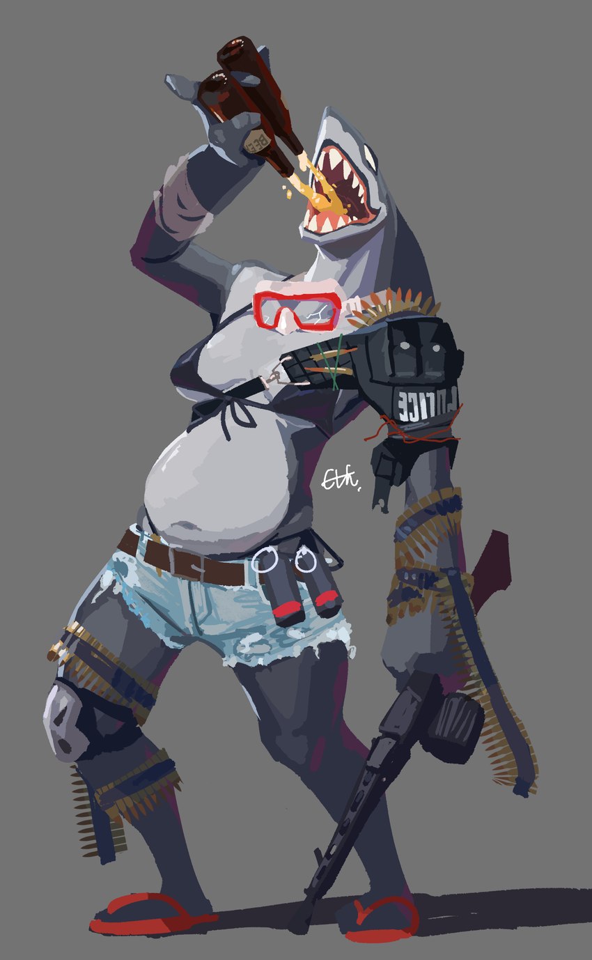 alcohol ammo_belt anthro beer beer_bottle belly beverage bikini bikini_bottom bikini_top biped bottle bottomwear breasts clothing container cutoffs daisy_dukes denim denim_bottomwear denim_clothing drinking drinking_beer eyewear female female_anthro flip_flops footwear goggles goggles_around_neck grey_background gun holding_machine_gun hotpants machine_gun navel open_mouth ranged_weapon sandals shark_teeth sharp_teeth shoes shorts shoulder_pads simple_background slightly_chubby slightly_chubby_anthro slightly_chubby_female solo standing swimwear teeth two-piece_swimsuit weapon el-k brea_(el-k) fish marine shark 2024 absurd_res digital_media_(artwork) full-length_portrait hi_res portrait