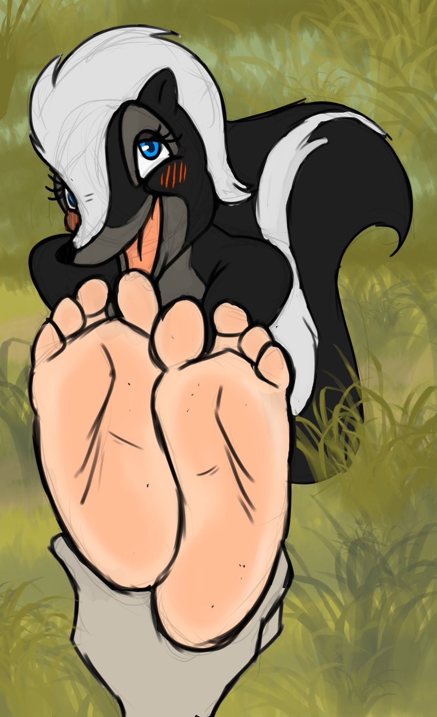 4_toes anthro barefoot blue_eyes blush feet foot_focus grass male open_mouth plant soles solo tail toes conditional_dnp zp92 bambi_(film) disney flower_(bambi) mammal mephitid skunk hi_res