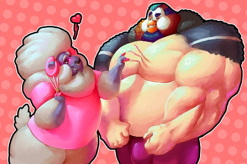 anthro anthro_on_anthro beard belly biceps blush bottomless bottomwear bulge clothed clothing cloven_hooves duo facial_hair facial_piercing flirting food heart_symbol hooves horn larger_male male male/male musclegut muscular muscular_male nose_piercing nose_ring one_eye_closed overweight overweight_male pants pecs piercing ring_piercing shirt simple_background size_difference smaller_male smile t-shirt teeth tooth_gap topless topwear wink blazingcheecks pocky jesse_(blazingcheecks) anatid anseriform avian bird bovid caprine domestic_sheep duck mammal sheep