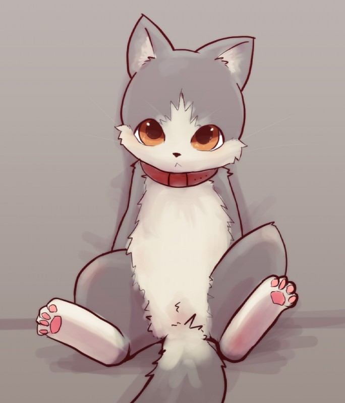 :< ambiguous_gender brown_eyes collar feet feral hindpaw pawpads paws sitting solo spread_legs spreading rag._(artist) domestic_cat felid feline felis mammal