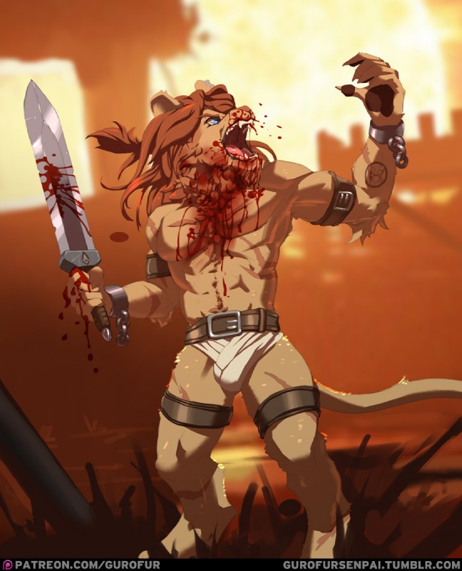 abs anthro biceps blood blue_eyes bodily_fluids bulge clothed clothing fur hair male melee_weapon muscular muscular_anthro muscular_male open_mouth pecs simple_background solo standing sword teeth text weapon gurofur sieg_black felid lion mammal pantherine 2017 digital_media_(artwork) url