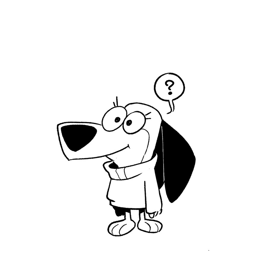 big_ears big_nose biped clothing eyelashes female fingers floppy_ears semi-anthro shirt smile solo topwear young smeallie augie_doggie_and_doggie_daddy hanna-barbera jellystone_(hbo_max) augie_doggie canid canine canis domestic_dog mammal 1:1 2021 black_and_white hi_res monochrome