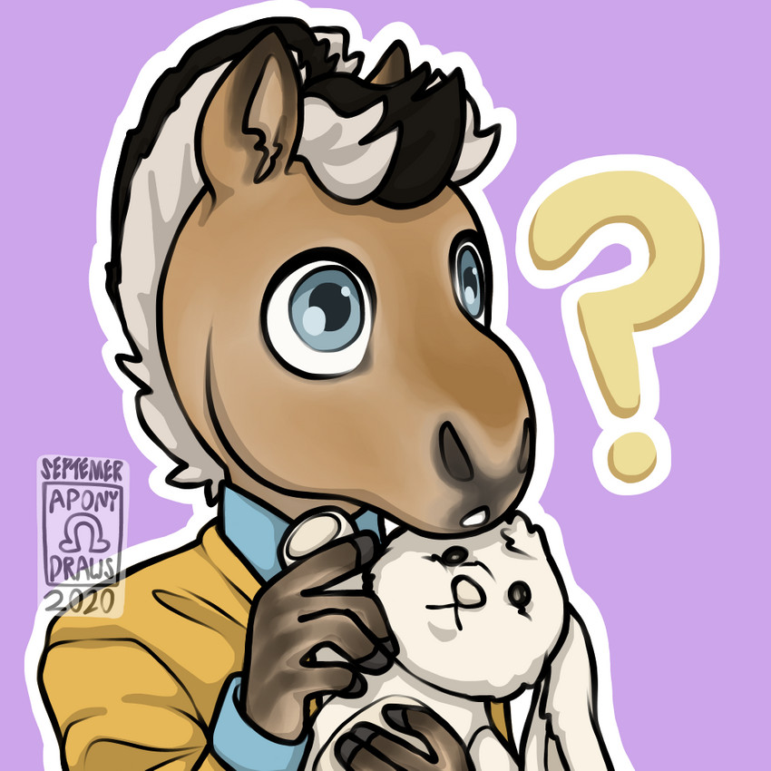 5_fingers ambiguous_gender anthro blue_eyes clothed clothing fingers hair holding_object holding_plushie hooved_fingers hooves horse_mane mane mane_hair multicolored_hair outline plushie question_mark simple_background solo two_tone_hair white_outline a-pony a_pony draft_horse equid equine fjord_horse horse mammal 1:1 2020 bust_portrait digital_drawing_(artwork) digital_media_(artwork) portrait signature