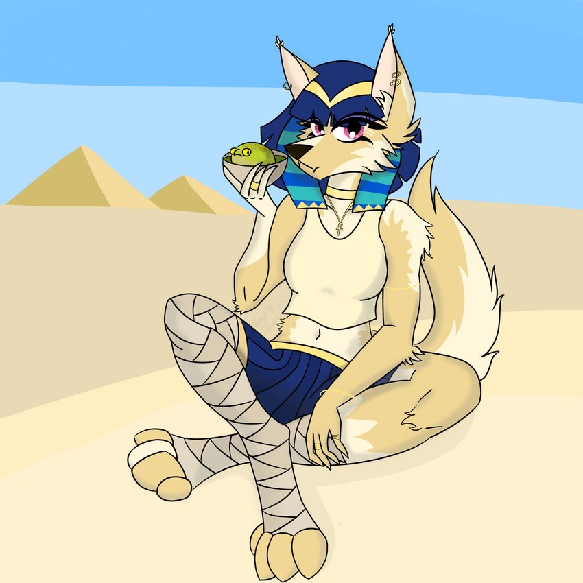 anthro bandage bandaged_leg bottomwear cheek_tuft clothing collar crop_top crossed_legs desert dunes ear_piercing ear_ring ear_tuft egyptian facial_tuft feet female food inner_ear_fluff looking_at_viewer paws piercing pyramid raised_tail ring ring_piercing sand shirt sitting skirt sky smile smiling_at_viewer solo tail topwear tuft vinyvitz voonko saharra_(vinyvitz) canid canine canis jackal mammal 1:1 absurd_res hi_res