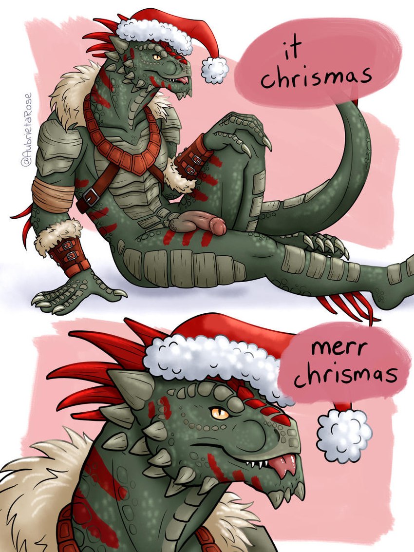 anthro armor balls blep bottomless bottomless_anthro bottomless_male christmas_clothing christmas_headwear clothed clothing forked_tongue genitals green_body green_scales hat headgear headwear holidays humanoid_genitalia humanoid_hands humanoid_penis leather leather_armor male markings penis pupils red_markings santa_hat scales slit_pupils solo text tongue tongue_out aubrietarose christmas everquest merr_chrismas microsoft the_elder_scrolls abysm argonian iksar lizard reptile scalie 2024 3:4 digital_media_(artwork) english_text hi_res