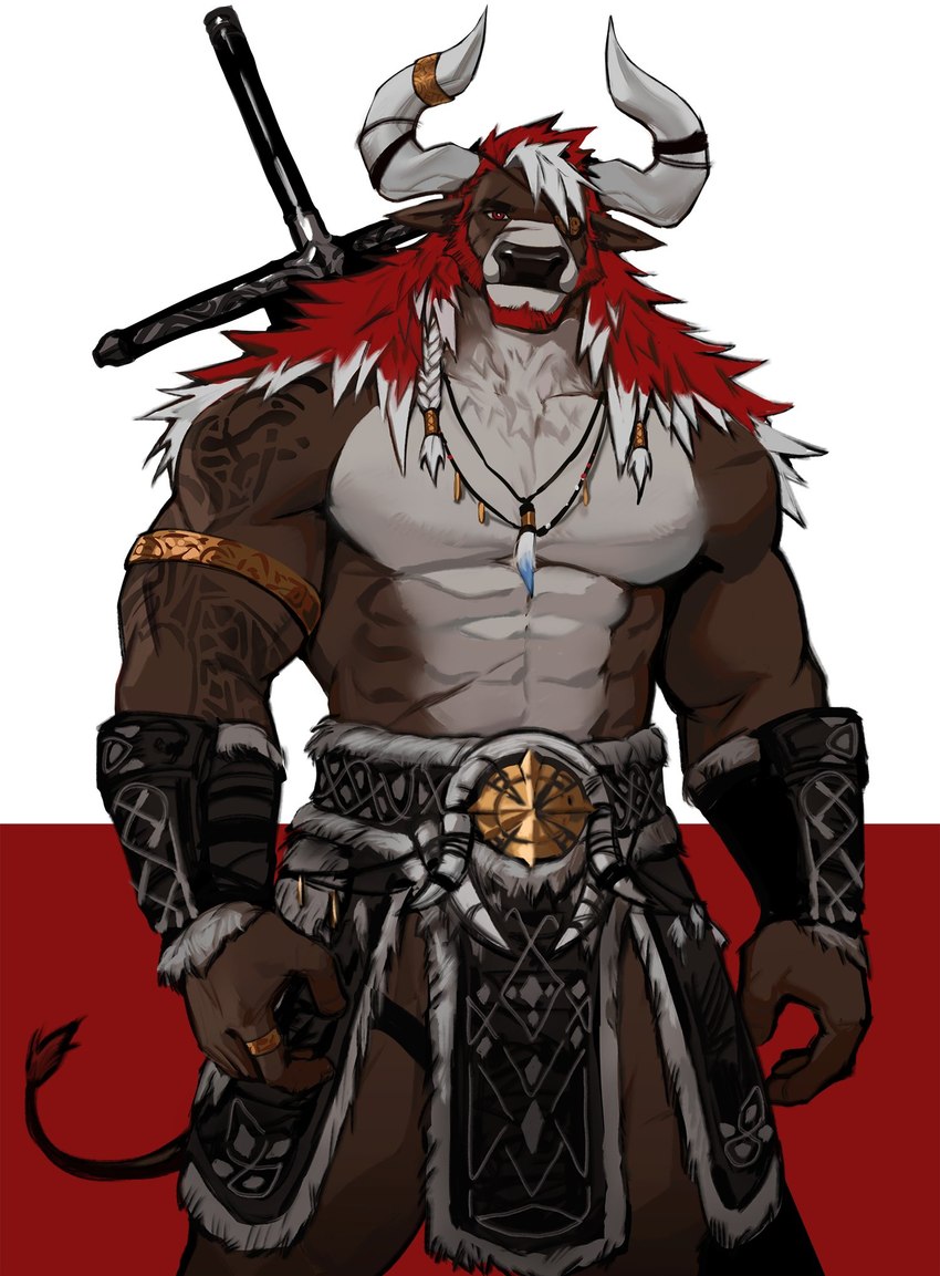 abs accessory anthro arm_tattoo beard belt_accessory biceps braided_hair breechcloth brown_body brown_fur chest_tuft eye_patch eyewear facial_hair facial_scar fur furgonomics hair horn horn_accessory horn_jewelry horn_ring hornband jewelry legband male melee_weapon muscular muscular_anthro muscular_male neck_tuft necklace obliques pecs red_beard red_eyes red_facial_hair red_hair ring_(jewelry) scar snout snout_scar solo sword sword_on_back tattoo tuft warrior weapon white_body white_fur white_hair wrist_guards dopq bovid bovine cattle mammal 2021 hi_res