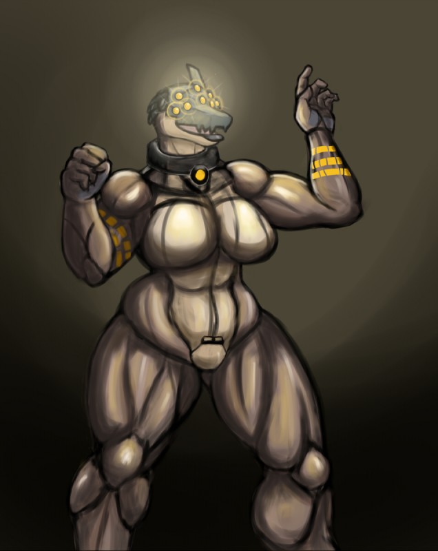 5_fingers antennae_(anatomy) anthro big_breasts big_muscles breasts brown_background collar featureless_breasts featureless_crotch female fingers fist gesture glowing glowing_eyes gradient_background headgear lips looking_at_viewer machine multi_eye muscular muscular_anthro muscular_female non-mammal_breasts nude open_mouth quads simple_background solo standing tattoo thick_bottom_lip thick_lips thick_thighs waving wide_hips snakedakyoot kendra_(beyxer) android reptile robot scalie trenco 2020 digital_media_(artwork) hi_res portrait three-quarter_portrait