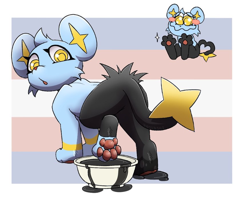 :o ambiguous_gender blush blush_stickers dipping feral gesture goofy_smile lgbt_pride looking_back open_mouth pawpads pride_colors smile solo tail tail_gesture tail_heart transgender_pride_colors bookabashka nintendo pokemon generation_4_pokemon pokemon_(species) shinx 6:5 trans_(lore) trans_man_(lore)