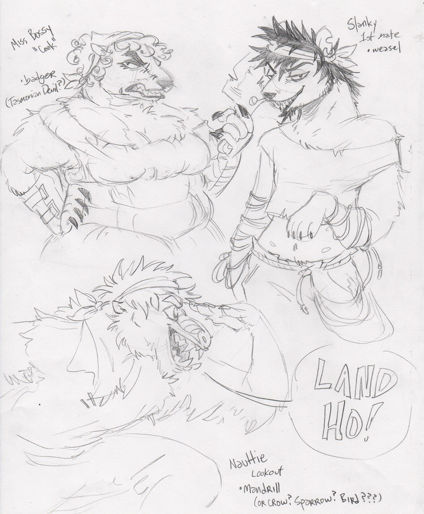 accessory alternate_species angry anthro beard belt bracelet breasts claws cleavage cleaver_(knife) clenched_teeth clothed clothing crop_top curled_hair cutlery dialogue ear_piercing ear_ring eyebrows facial_hair female female_anthro finger_claws fully_clothed fur group hair hand_on_hip headband headgear headkerchief headwear holding_cleaver holding_knife holding_object jewelry kerchief kitchen_knife kitchen_utensils knife male male_anthro midriff narrowed_eyes notched_ear open_mouth piercing pirate pirate_outfit ring_piercing rope rope_belt sharp_teeth shirt sideburns simple_background slightly_chubby smile speech_bubble teeth text thick_eyebrows tools topwear trio white_background ed_mortis bossy_(ed_mortis) naughty_(ed_mortis) slanky_(ed_mortis) badger haplorhine mammal mandrill monkey mustelid musteline old_world_monkey primate true_musteline weasel 2023 character_name english_text graphite_(artwork) greyscale handwritten_text monochrome sketch sketch_page traditional_media_(artwork)