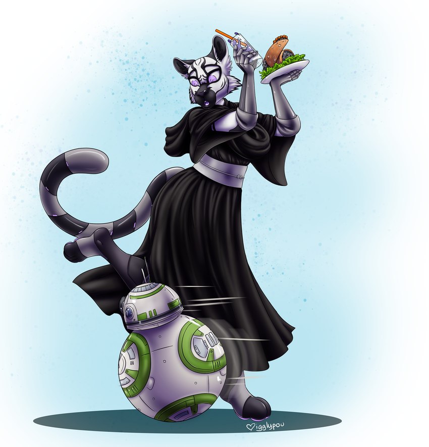 anthro black_clothing black_nose black_robe clothed clothing clumsy duo female food fully_clothed fur holding_food holding_object machine mechanical_arm mechanical_tail purple_eyes robe simple_background startled striped_body striped_fur stripes surprise white_body white_fur igglypou star_wars bb-8 veera_(toaofspace) astromech_droid bb-series_astromech_droid felid feline mammal pantherine robot tiger absurd_res digital_media_(artwork) hi_res