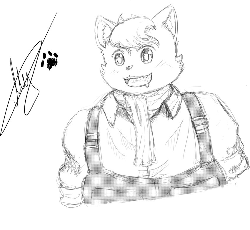 anthro blush clothing male overalls scarf smile solo young max11951227 cyberconnect2 fuga:_melodies_of_steel little_tail_bronx boron_brioche domestic_cat felid feline felineko felis mammal bust_portrait hi_res monochrome portrait sketch