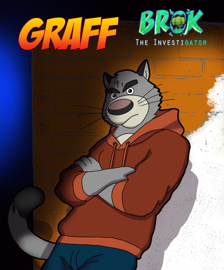 anthro biped bottomwear clothing grey_body hoodie humanoid_hands male pants solo text topwear ilustratorlatin brok_the_investigator cowcat_games graff_filsh domestic_cat felid feline felis mammal 2024 absurd_res english_text hi_res