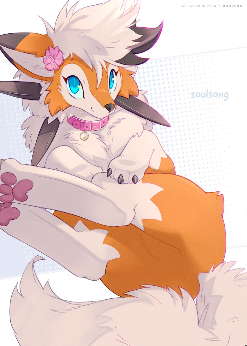 ambiguous_feral ambiguous_gender claws featureless_crotch feral fur hair simple_background smile solo tail white_body white_fur ancesra nintendo pokemon fan_character soulsong_(celestial_wolf) canid canine dusk_lycanroc generation_7_pokemon lycanroc mammal pokemon_(species) 2024 hi_res female_(lore)