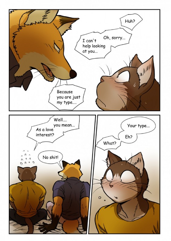 anthro bed clothing dialogue drunk duo fur furniture male substance_intoxication text whiskers maririn daisuke_yomo jinpei_shinooka canid canine domestic_cat felid feline felis fox mammal 2014 comic english_text hi_res translated