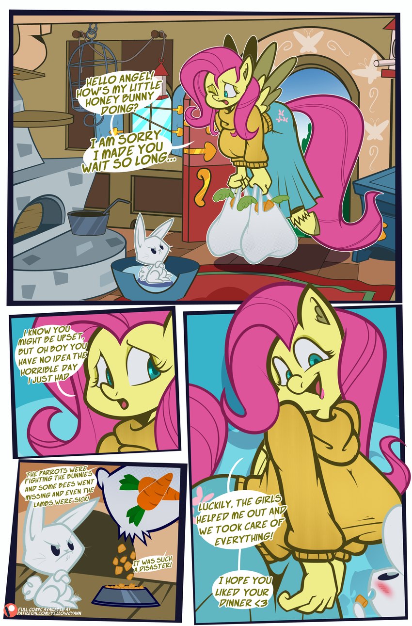 4_panel_comic angry anthro big_breasts breasts dialogue duo female feral male smile wings yellowcyann friendship_is_magic hasbro my_little_pony mythology angel_(mlp) fluttershy_(mlp) equid equine lagomorph leporid mammal mythological_creature mythological_equine pegasus rabbit absurd_res comic hi_res