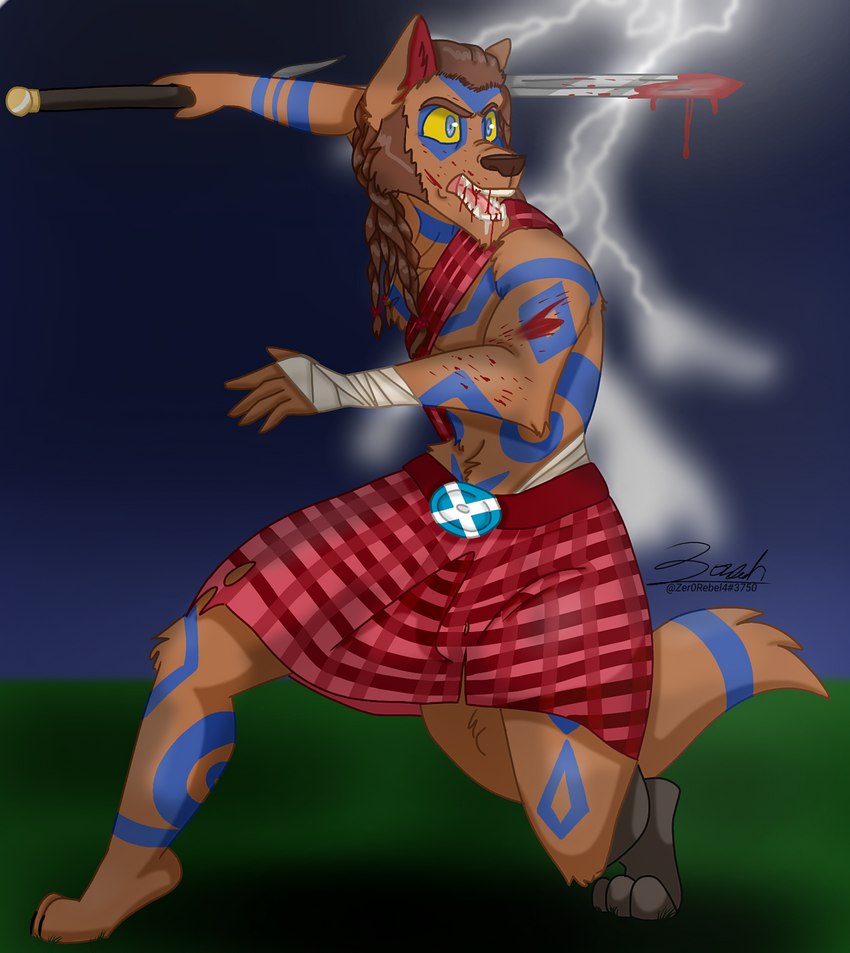 amputee angry anthro athletic bandage blood blood_in_mouth blood_on_face blue_eyes bodily_fluids bodypaint bottomwear braided_hair brown_body brown_fur brown_hair claws clothing disability electricity facial_hair fluffy fur gore hair holding_melee_weapon holding_object holding_sword holding_weapon kilt lightning long_hair male melee_weapon missing_leg missing_limb open_mouth outside prosthetic prosthetic_arm prosthetic_limb saliva scottish scottish_flag solo sword teeth war_paint warpaint warrior weapon woad yellow_sclera zer0rebel4 mythology thomas_ii_(zer0rebel4) canid canine canis mammal mythological_canine mythological_creature werecanid werecanine werecreature werewolf wolf 2022 absurd_res digital_media_(artwork) hi_res shaded