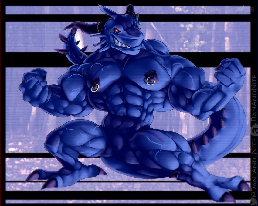 abs anthro biceps blue_body claws flexing horn male muscular muscular_anthro muscular_male nipple_piercing nipple_ring nipples non-mammal_nipples pecs piercing pose ring_piercing solo tail teeth vein veiny_muscles danandnite blue_dragon_(series) mythology blue_dragon_(character) dragon mythological_creature mythological_scalie scalie 5:4