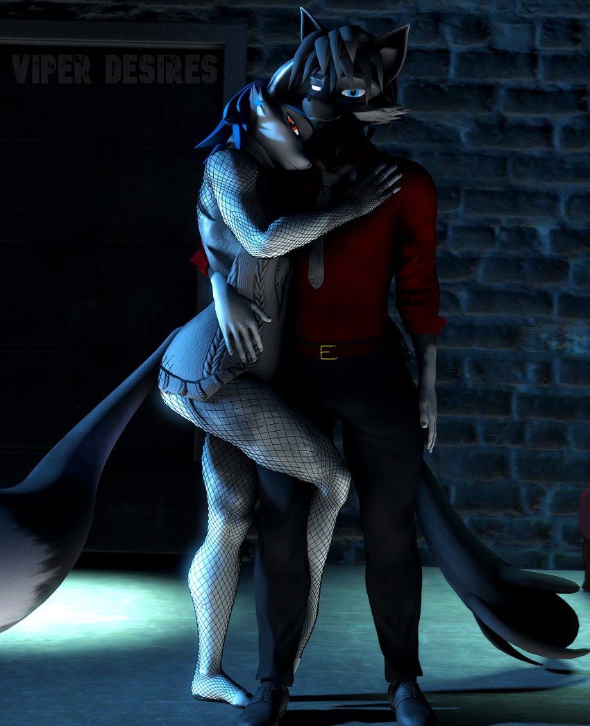 anthro armwear black_body black_fur black_hair blue_eyes blue_hair clothing detailed_background dress duo female fingers fishnet_armwear fishnet_clothing fishnet_legwear fluffy fluffy_tail formal_wear fur grey_body grey_fur hair hug legwear long_tail looking_at_viewer male male/female necktie outside short_hair smile suit sweater tail topwear virgin_killer_sweater viper-desires meme_clothing alys_(viper-desires) jacob_(viper-desires) canid canine fox mammal 2023 3d_(artwork) digital_media_(artwork) meme source_filmmaker_(artwork)