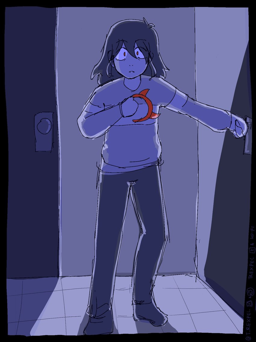 accessory bottomwear clothing door_handle footwear headband looking_at_viewer male pants red_eyes shocked shoes solo sweater topwear trexpel deltarune undertale_(series) kris_(deltarune) human mammal 3:4 hi_res