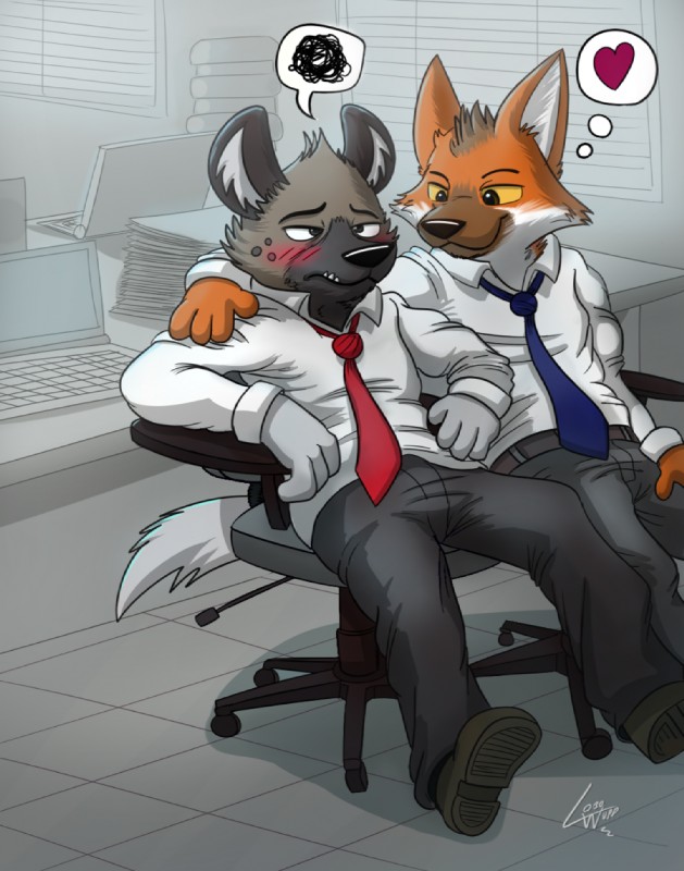 anthro belt blush bottomwear chair clothing duo footwear furniture heart_symbol inside male male/male necktie pants shoes sitting speech_bubble lobowupp aggretsuko sanrio haida_(aggretsuko) ookami_(aggretsuko) canid canine hyena mammal maned_wolf spotted_hyena pictographics