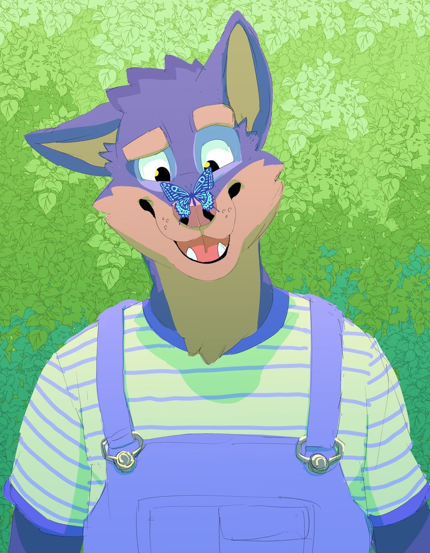 anthro biped brown_body brown_fur butterfly_on_nose clothed clothing detailed_background fur male multicolored_body multicolored_fur open_mouth open_smile outside overalls pattern_clothing pattern_shirt pattern_topwear pink_nose purple_body purple_clothing purple_fur purple_overalls sharp_teeth shirt smile solo striped_clothing striped_shirt striped_topwear stripes teeth topwear two_tone_body two_tone_fur daire301 daire_(dog) arthropod butterfly canid canine canis domestic_dog insect lepidopteran mammal 2021 digital_media_(artwork) hi_res