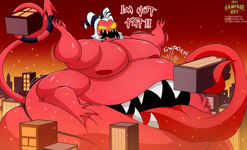 belly belly_mouth big_belly building fingers huge_belly hyper hyper_belly long_tongue macro male morbidly_obese morbidly_obese_humanoid not_furry obese obese_humanoid open_mouth overweight overweight_humanoid solo text tongue tongue_out rampageguy helluva_boss moxxie_(helluva_boss) demon humanoid imp 2024 absurd_res english_text hi_res