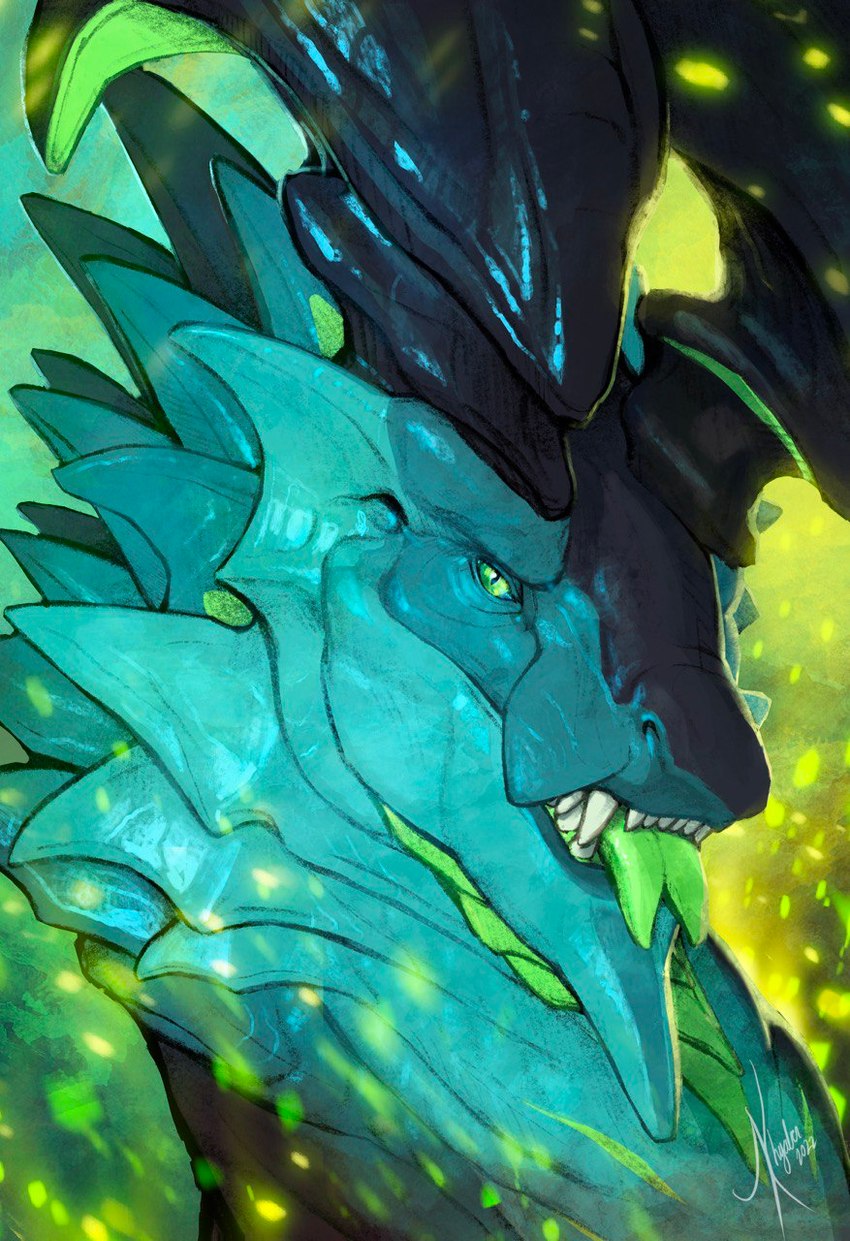 ambiguous_gender blue_body blue_horn fangs feral forked_tongue green_eyes green_tongue horn looking_at_viewer pupils slit_pupils solo teeth tongue khyaber mythology dragon mythological_creature mythological_scalie scalie 2022 dated hi_res signature