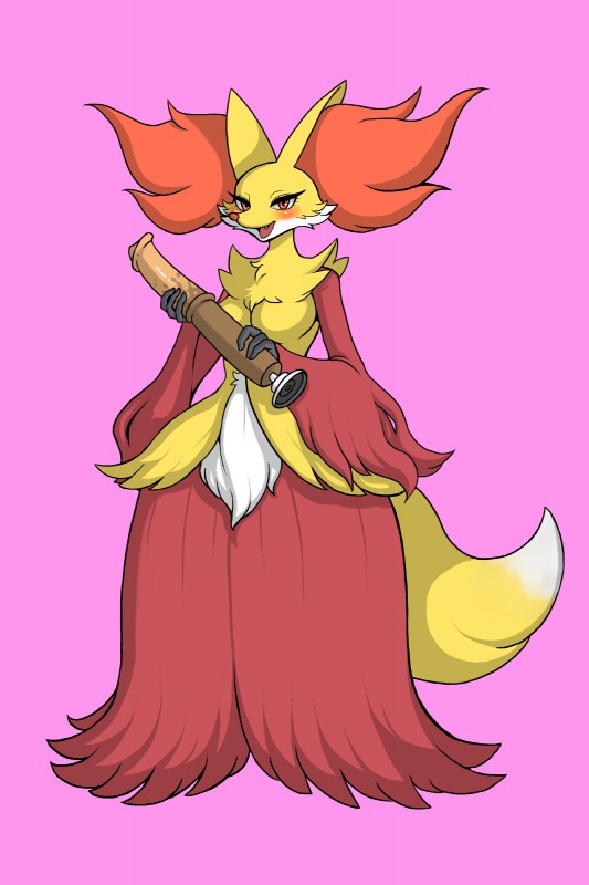 anthro breasts dildo female looking_at_viewer medium_breasts pink_background red_eyes seductive sex_toy simple_background smile solo standing kewon nintendo pokemon delphox generation_6_pokemon pokemon_(species) 2:3 absurd_res full-length_portrait hi_res portrait