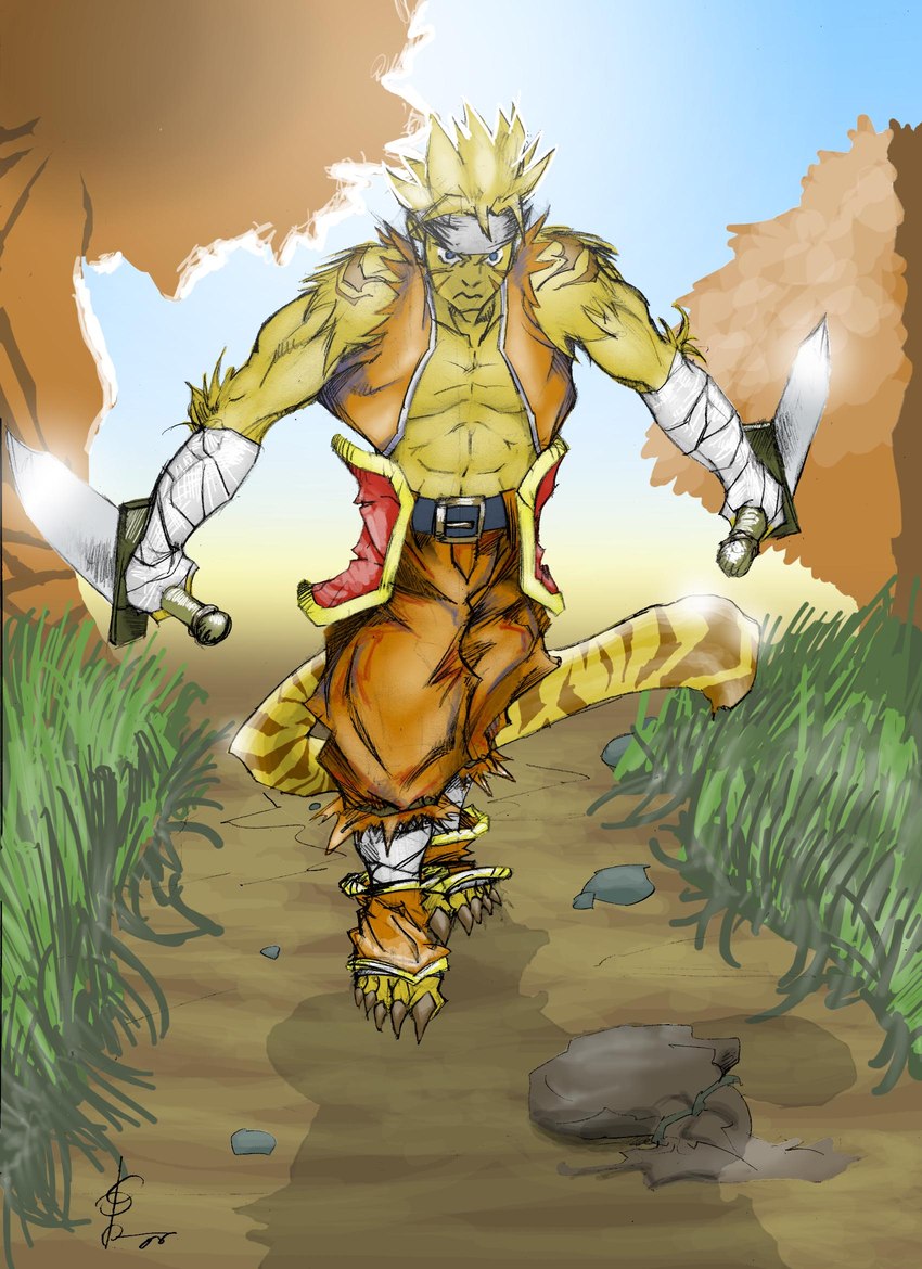 5_toes accessory anthro armband blue_eyes claws clothed clothing feet footwear headband holding_object holding_weapon humanoid_feet legband long_claws looking_at_viewer male open_clothing open_shirt open_topwear plantigrade shirt sleveless_shirt solo toeless_footwear toes topwear weapon gan_retamero breath_of_fire capcom rei_(breath_of_fire) animal_humanoid felid felid_humanoid feline feline_humanoid humanoid mammal mammal_humanoid hi_res