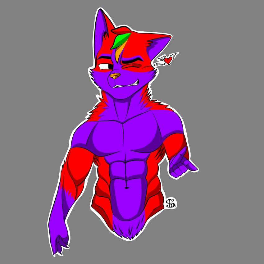 abs anthro claws eyebrows finger_claws fur gesture grey_background heart_symbol humanoid_hands male muscular muscular_male navel one_eye_closed outline pecs purple_body purple_claws purple_fur purple_inner_ear red_body red_fur simple_background smile smirk solo sparklefur teeth white_outline wink yellow_nose sergld canid mammal 1:1 absurd_res cel_shading digital_drawing_(artwork) digital_media_(artwork) half-length_portrait hi_res portrait shaded