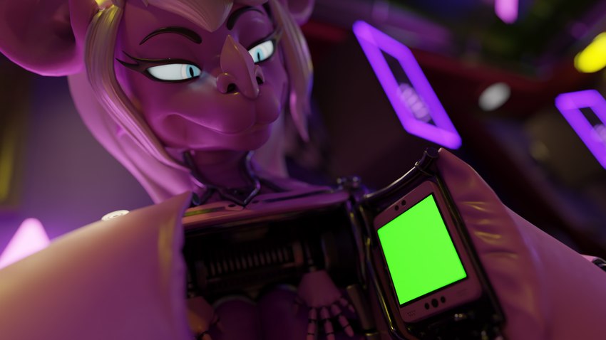 anthro close-up female green_screen looking_down machine narrowed_eyes solo squint standing dumbbibat mayosplash vladeline animate_inanimate animatronic bat living_clothing mammal robot 16:9 3d_(artwork) digital_media_(artwork) hi_res widescreen