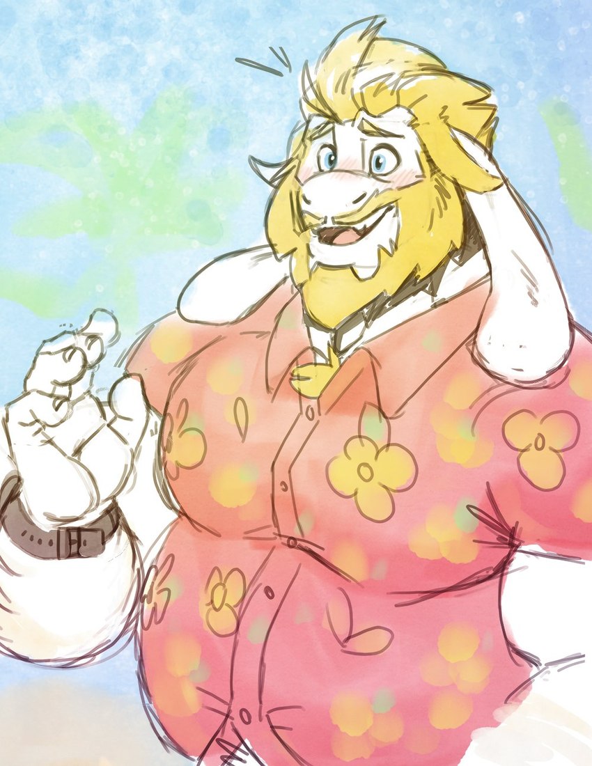 aloha_shirt anthro beard blonde_hair blue_eyes blush body_hair chest_hair clock clothed clothing dress_shirt facial_hair fur hair long_ears male mature_anthro mature_male mustache open_mouth overweight overweight_anthro overweight_male pattern_clothing pattern_shirt pattern_topwear shirt simple_background smile solo tongue topwear watch white_body white_fur wristwatch kihu undertale undertale_(series) asgore_dreemurr boss_monster_(undertale) bovid caprine mammal hi_res