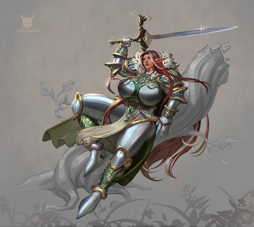 armor bent_leg big_breasts boob_armor breasts brown_hair cape clothed clothed_female clothed_humanoid clothing curvy_female curvy_figure curvy_humanoid exposure_variation fantasy female fist floating front_view fully_clothed fully_clothed_female fully_clothed_humanoid green_eyes green_lips grey_armor grey_cape grey_clothing hair holding_melee_weapon holding_object holding_sword holding_weapon hourglass_figure hourglass_figured_female hourglass_figured_humanoid huge_breasts humanoid_pointy_ears lips long_hair looking_up melee_weapon metal_armor mouth_closed not_furry plate_armor pointy_ears raised_arm raised_fist raised_hand simple_background solo sword tan_body tan_skin warrior weapon wide_hipped_female wide_hipped_humanoid wide_hips kostictoxic elf grey_theme