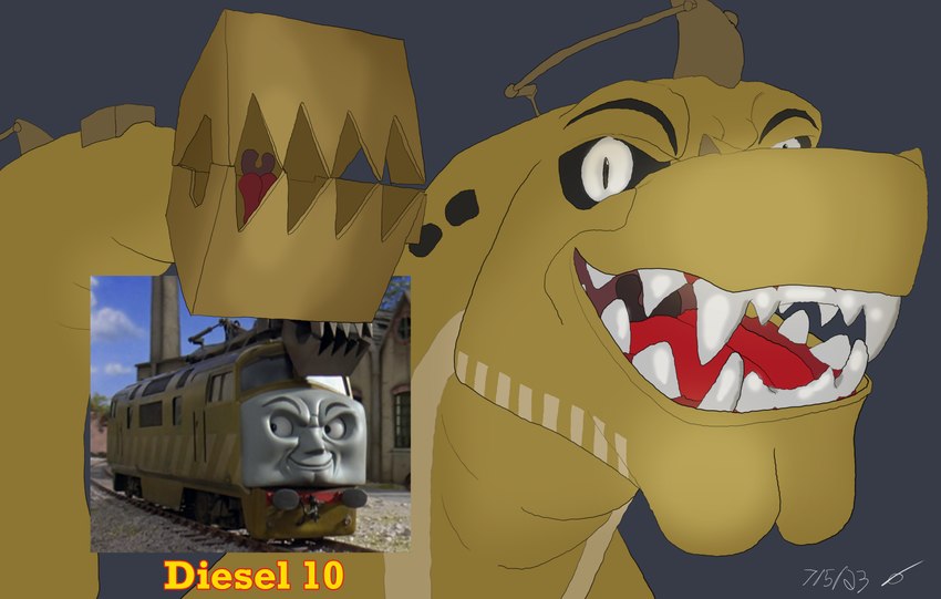 claws diesel_locomotive eyebrows glistening glistening_teeth grey_face machine male markings open_mouth smile solo striped_body striped_markings striped_skin stripes tail tan_body tan_skin tan_tail teeth tongue train uvula vehicle a._l._harrelson british_rail how_to_dragon_your_train mattel mythology thomas_and_friends thomas_and_the_magic_railroad_(movie) diesel_10 dragon living_machine living_train living_vehicle mythological_creature mythological_scalie reptile scalie absurd_res dated hi_res portrait shaded signature