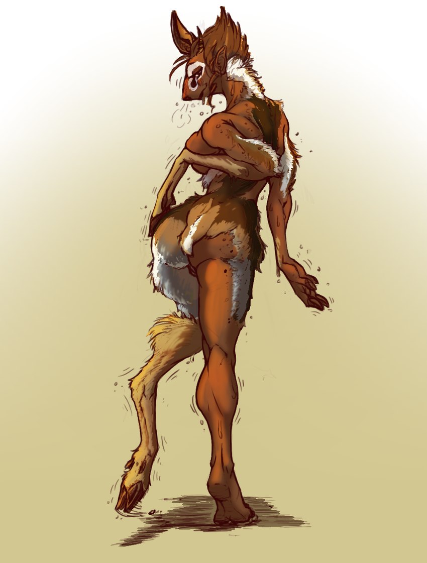 breasts brown_body brown_fur brown_hair butt female fur genitals gradient_background hair hooves horn looking_at_viewer looking_back looking_back_at_viewer nude pussy simple_background smile solo species_transformation standing transformation comictf antelope bovid dik-dik human mammal true_antelope 2021